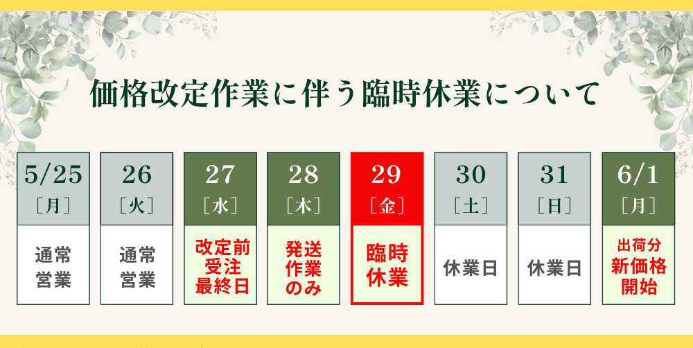 価格改定作業に伴う臨時休業について